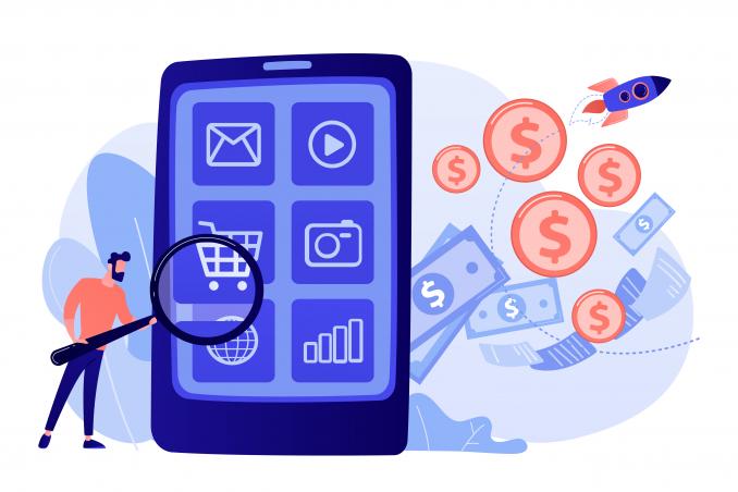 Man met loep, mobiel apparaat en winkelwagen, veilig online shopping