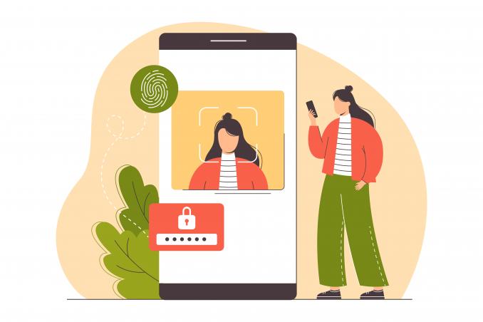 Vrouw scant online haar gezicht voor verificatie van haar identiteit om zo toegang tot haar gegevens te verkrijgen, ID verificatie met vingerafdruk 