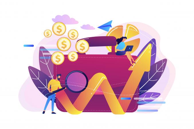 Man met loep, vrouw zit op koffertje met laptop, dollar symbolen en een pijl met stijgende lijn wat voor prijsstijgingen staat