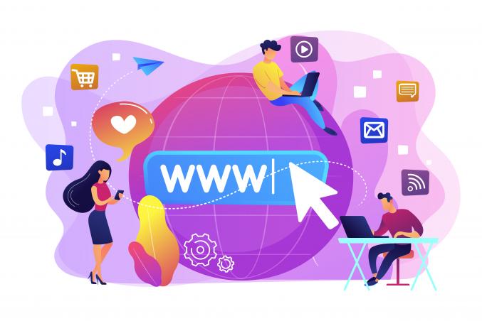 Zakenlieden met digitale apparaten die op internet aan het surfen zijn, hun online leven, domeinnaam extensies