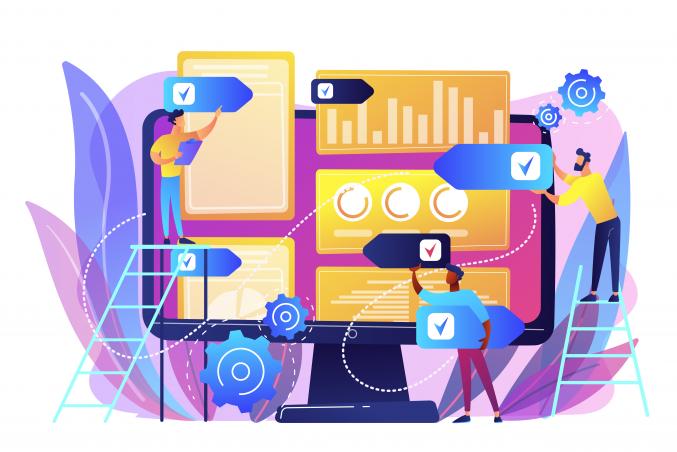 Drie mannen die de verschillende plugins van de WordPress website controleren en aanpassen, updaten van de WordPress website en backups maken