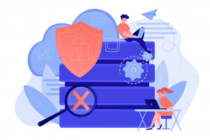 Beschermingsschild met slot, vergrootglas en gebruikers die met beschermde gegevens werken, internetbeveiliging, privacy en gegevensbescherming