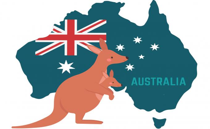 De vorm van Australie met de Australische vlag en een kangoeroe met baby